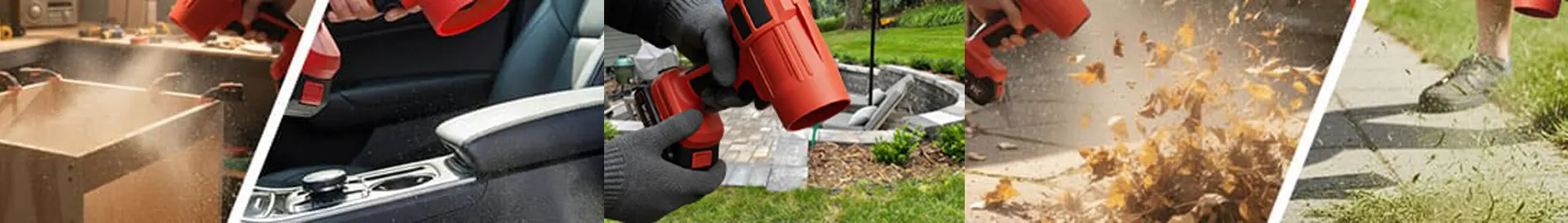 Homeowner clearing leaves with a cordless leaf blower